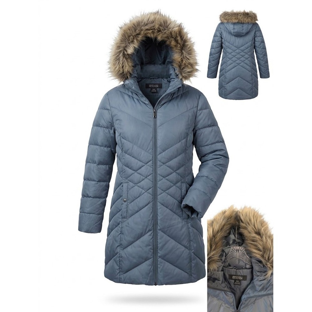 Kenneth Cole Reaction Women Puffer Parka Faux Fur Hood Dusty Shale Medium